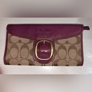 Coach Bleecker RARE Signature canvas and burgundy/purple leather buckle wallet